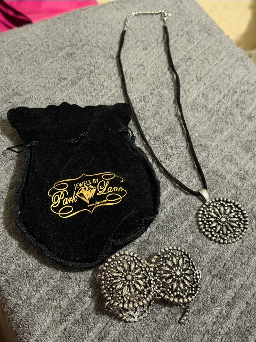 Park Lane Silver-Tone Floral Medallion Necklace with Black Cord and Bracelet